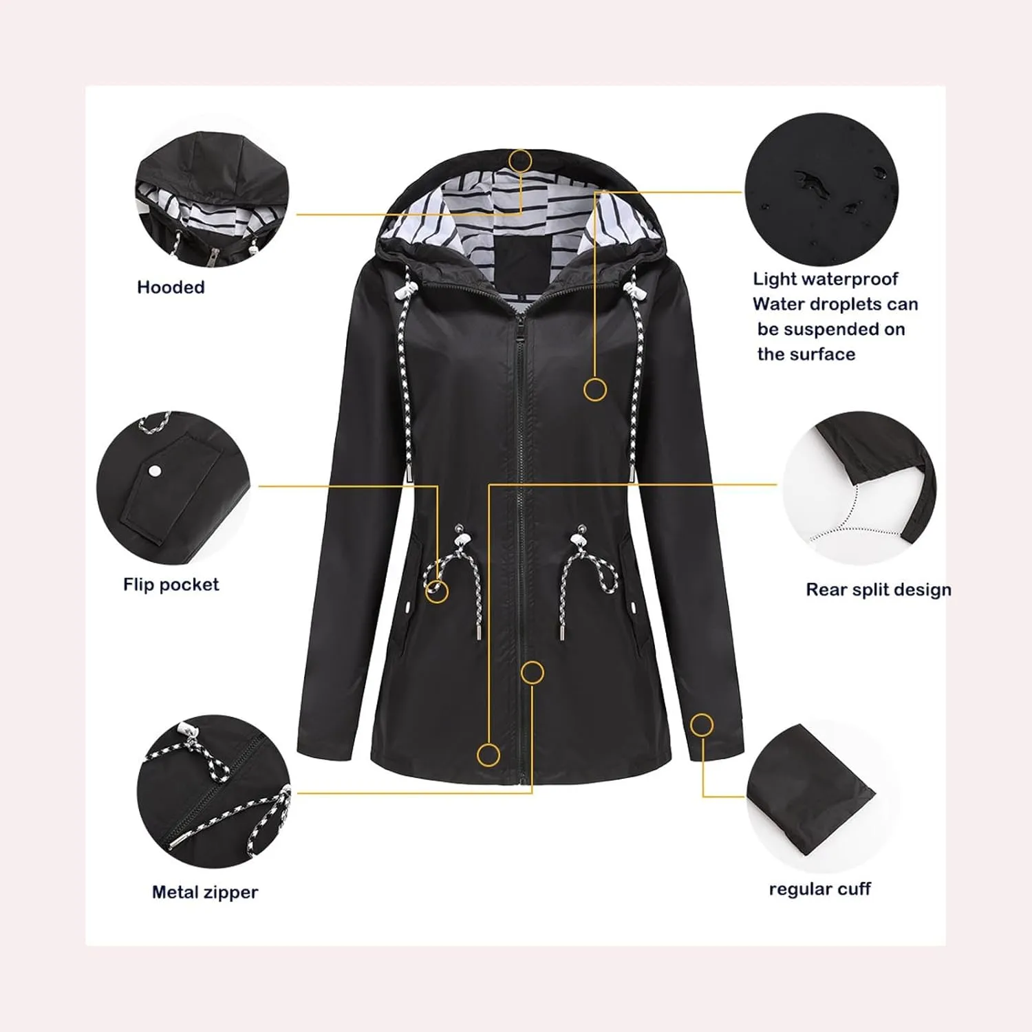 Women's Waterproof Raincoats with Hood Lightweight Zip Up Windbreaker Trendy Rain Jackets Outdoor Hiking Trench Coats