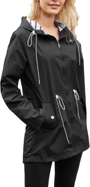 Women's Waterproof Raincoats with Hood Lightweight Zip Up Windbreaker Trendy Rain Jackets Outdoor Hiking Trench Coats