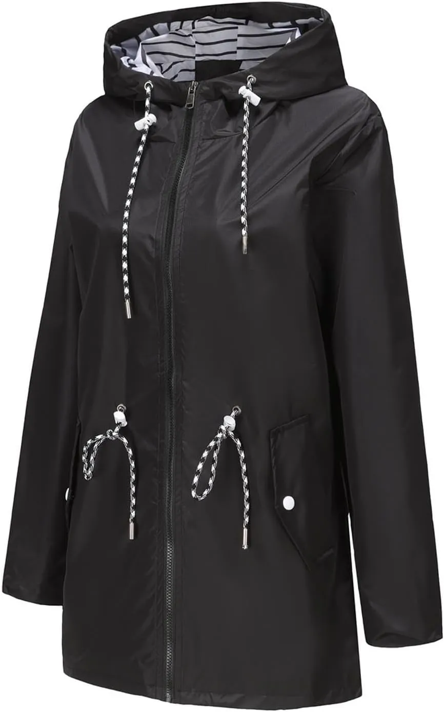 Women's Waterproof Raincoats with Hood Lightweight Zip Up Windbreaker Trendy Rain Jackets Outdoor Hiking Trench Coats