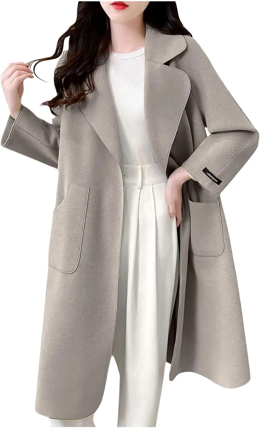 Wool Pea Coats for Women Winter Coats Double Breasted Lapel Casual Open Front Cardigan Elegant Mid-Long Trench Coats