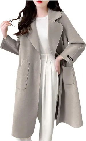 Wool Pea Coats for Women Winter Coats Double Breasted Lapel Casual Open Front Cardigan Elegant Mid-Long Trench Coats