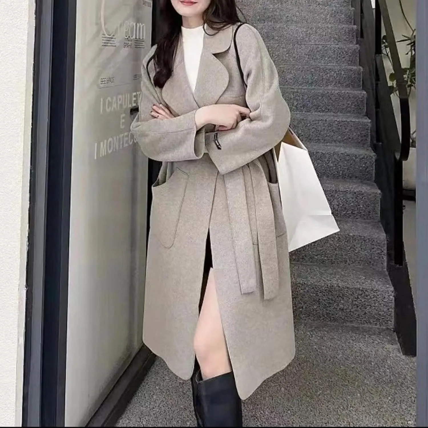 Wool Pea Coats for Women Winter Coats Double Breasted Lapel Casual Open Front Cardigan Elegant Mid-Long Trench Coats