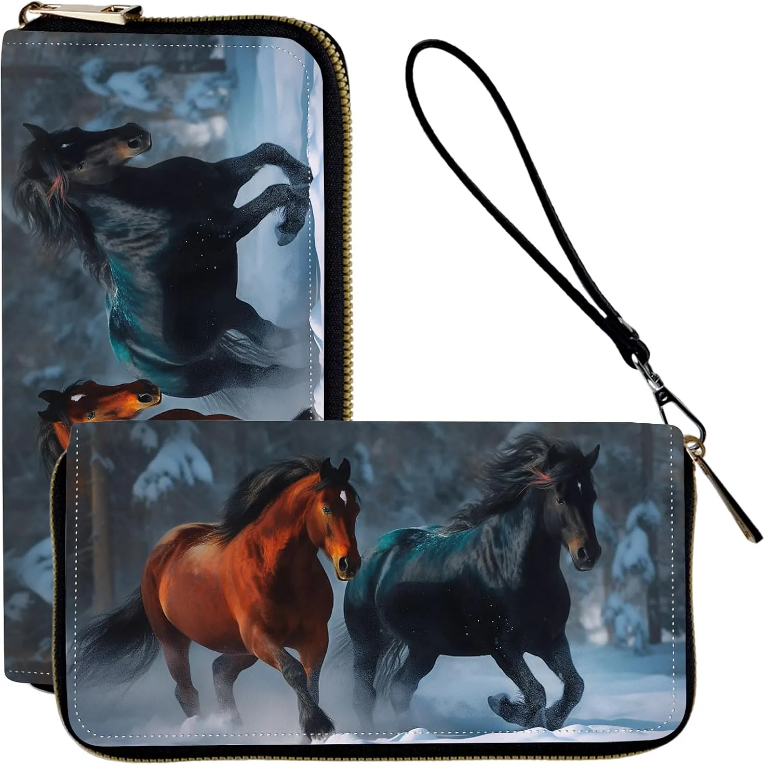 Wristlet Wallets for Women Slim Cute Zipper Wallet for Women Wallets with RFID Blocking,PU Leather Clutch Credit Card Holder Wallets Purse for Women,Ladies Wallet,Black Red Horse