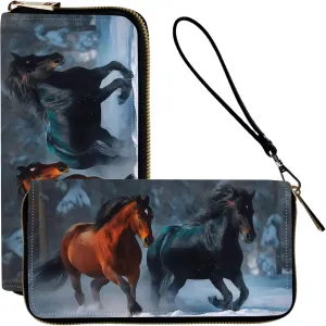 Wristlet Wallets for Women Slim Cute Zipper Wallet for Women Wallets with RFID Blocking,PU Leather Clutch Credit Card Holder Wallets Purse for Women,Ladies Wallet,Black Red Horse