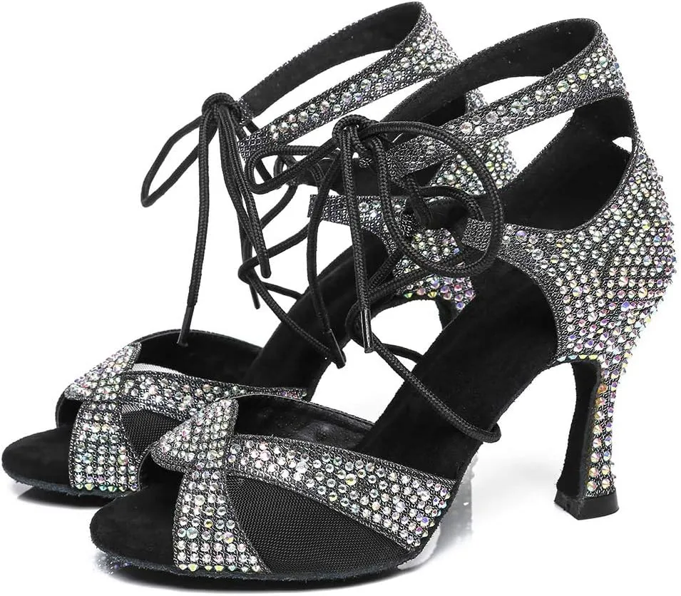 YKXLM Women's Latin Dance Shoes with Rhinestone Peep Toe Lace Up Ballroom Salsa Tango Practice Performance Dance Shoes,Model YCL452