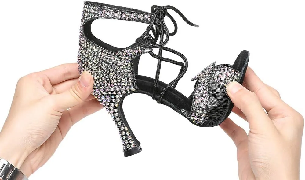 YKXLM Women's Latin Dance Shoes with Rhinestone Peep Toe Lace Up Ballroom Salsa Tango Practice Performance Dance Shoes,Model YCL452