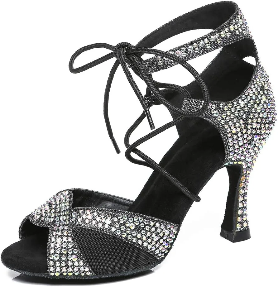 YKXLM Women's Latin Dance Shoes with Rhinestone Peep Toe Lace Up Ballroom Salsa Tango Practice Performance Dance Shoes,Model YCL452