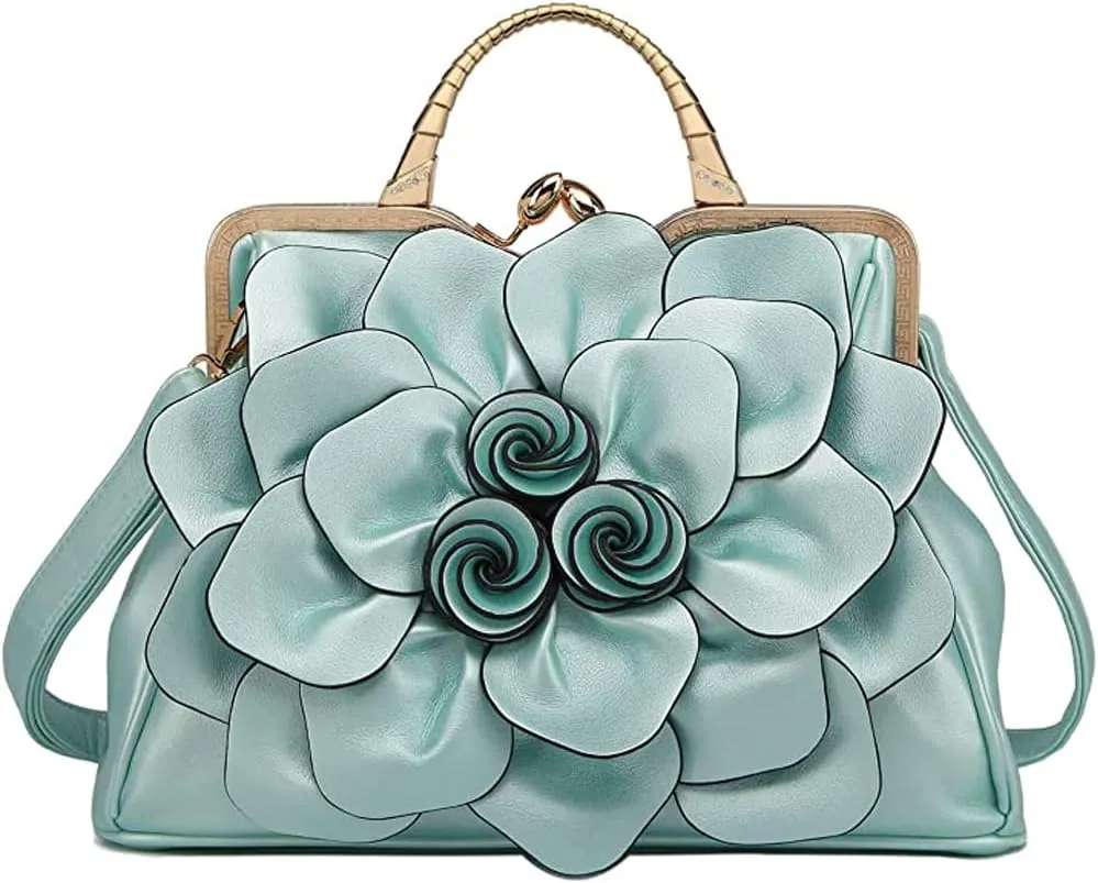 ZiMing 3D Floral Handbags for Women Genuine Leather Tote Bags Kiss Lock Purse Top Handle Bag Satchel Evening Bag Shoulder Bag