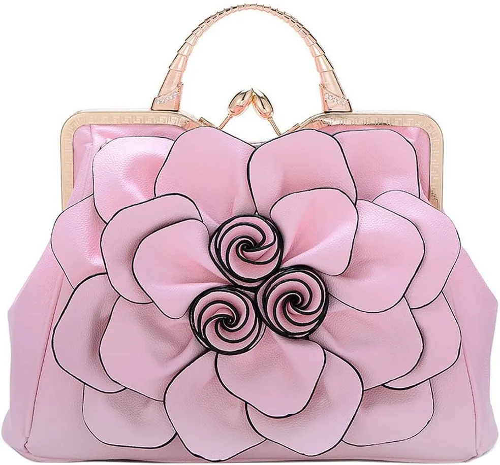 ZiMing 3D Floral Handbags for Women Genuine Leather Tote Bags Kiss Lock Purse Top Handle Bag Satchel Evening Bag Shoulder Bag