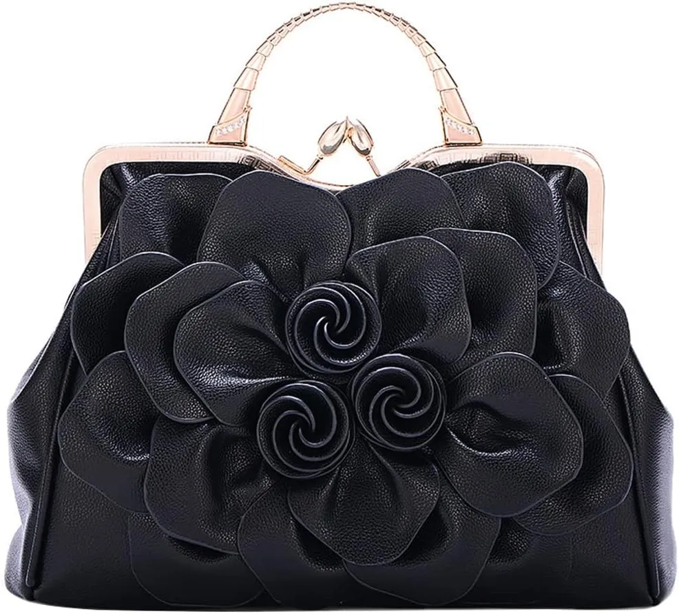 ZiMing 3D Floral Handbags for Women Genuine Leather Tote Bags Kiss Lock Purse Top Handle Bag Satchel Evening Bag Shoulder Bag