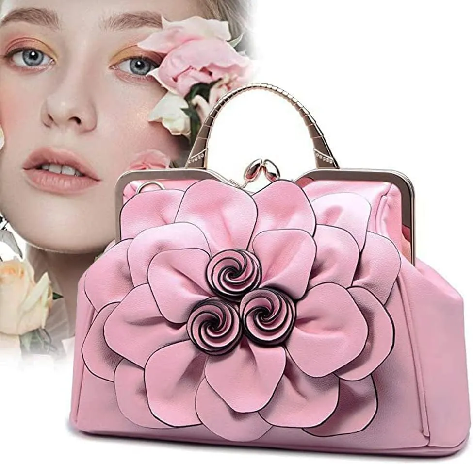 ZiMing 3D Floral Handbags for Women Genuine Leather Tote Bags Kiss Lock Purse Top Handle Bag Satchel Evening Bag Shoulder Bag