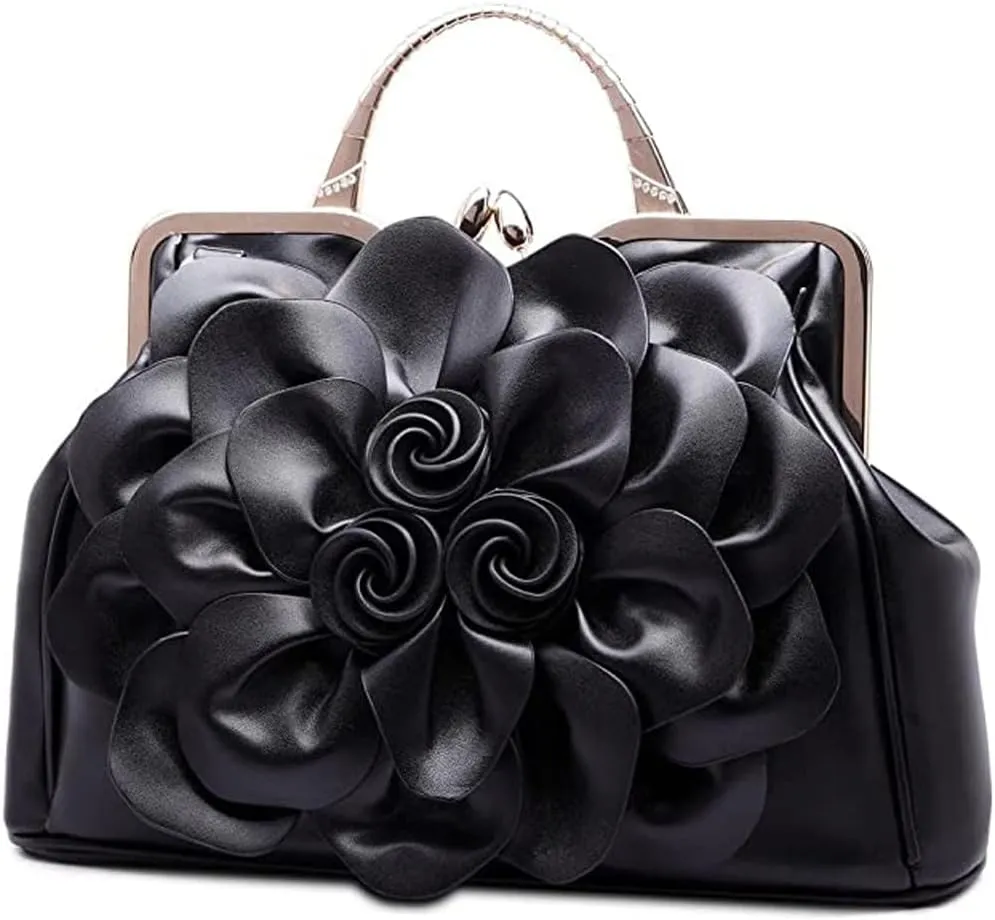 ZiMing 3D Floral Handbags for Women Genuine Leather Tote Bags Kiss Lock Purse Top Handle Bag Satchel Evening Bag Shoulder Bag