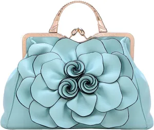 ZiMing 3D Floral Handbags for Women Genuine Leather Tote Bags Kiss Lock Purse Top Handle Bag Satchel Evening Bag Shoulder Bag